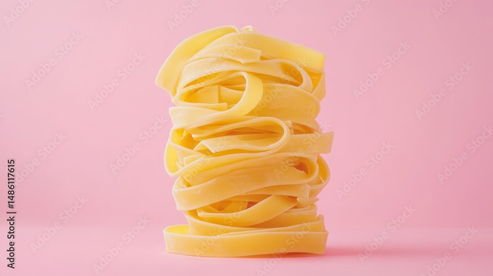 Poster a vertical stack of uncooked fettuccine pasta against a pink background.