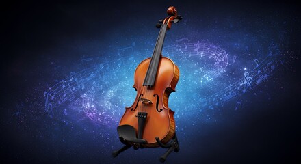 Fototapeta premium Violin on Stand with Musical Notes Background
