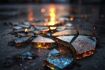 Fragmented glass pieces shimmer in a dark environment, illuminated by vibrant orange light, casting reflective shapes onto the surface.
