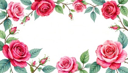 Naklejka premium Intricate watercolor roses & leaves, repeating design, roses, design, summer