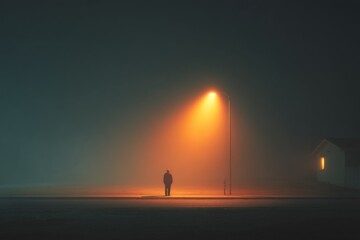 Figure stands in street light glow near house in misty night, creating eerie, suspenseful mood, potential for mystery theme.