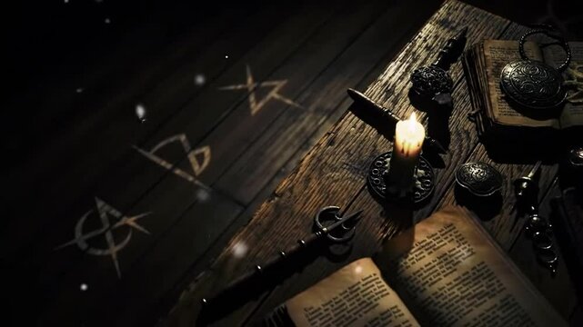 A candlelit scene with an open book, ornate objects, and mysterious symbols