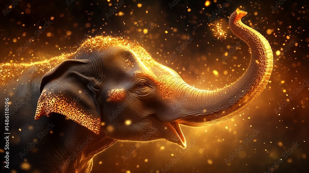 Poster elephant stands illuminated with golden light and bokeh against a dark background, creating an ether