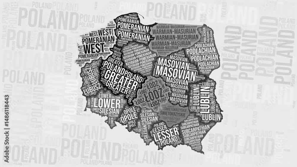 Poster poland animation. visual effect of poland regions appearing in black and white word clouds style. co