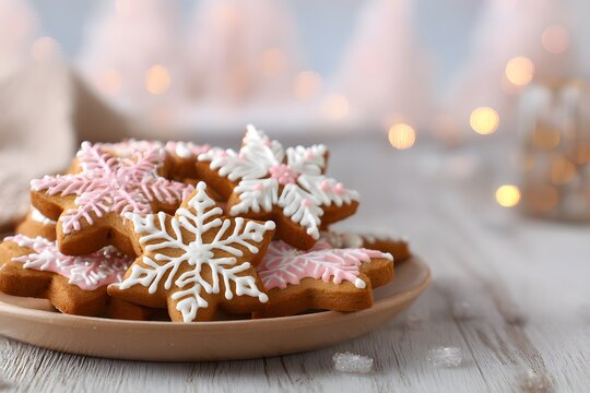 Festive Gingerbread Cookies with Pink Frosting and Snowflake Design