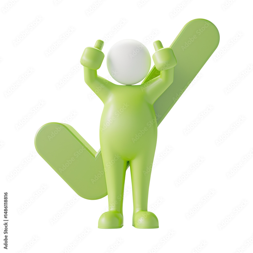 Poster joyful 3d character celebrating success with a large green check mark
