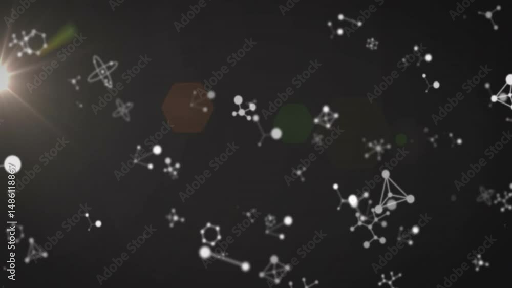 Poster animated network structures floating against dark void, linking nodes glowing beneath hex flares