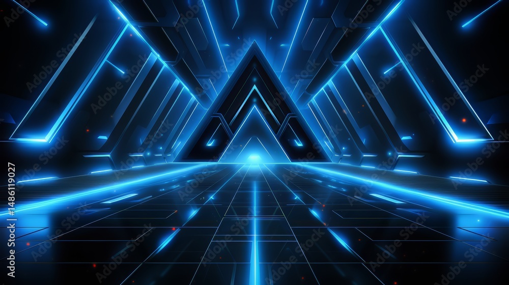 Poster Blue and white space with a large triangle in the middle. The triangle is surrounded by blue lines and the space is lit up with blue lights
