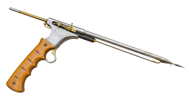 Isolated Vintage Spear Gun with Wooden Handle and Metal Barrel