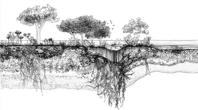 Detailed cross-section of a landscape's root system.