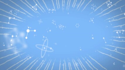 Scientific icons being animated in blue scene, with molecular node links and radial streaks - Powered by Adobe