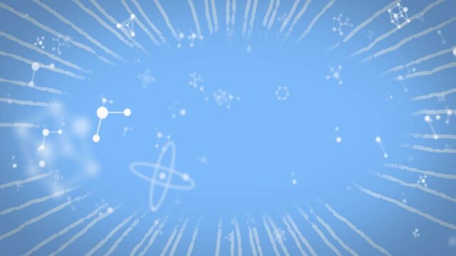 Scientific icons being animated in blue scene, with molecular node links and radial streaks