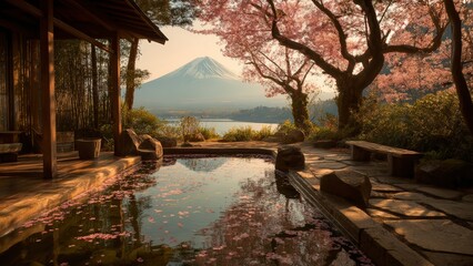 Fototapeta premium Traditional Onsen with Sakura and Fuji Mountain Backdrop