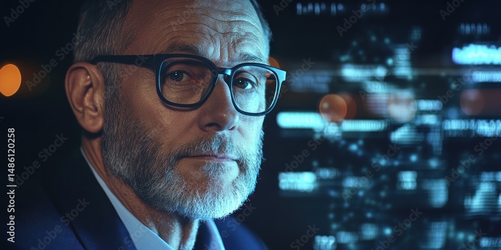 Poster experienced programmer, nighttime coding, technology expert, digital world, serious gaze, modern tec