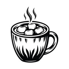 Stylized Black Outline Cup with Cubes & Steam, Simple, Clean, Minimalist Design