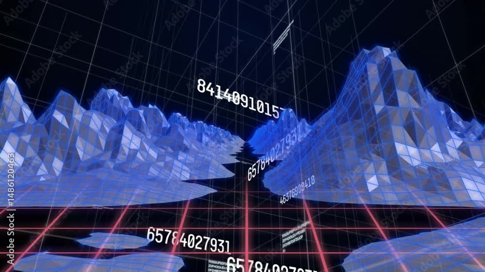 Poster 3d digital wireframe terrain showing floating numeric data over red grid floor with blue mesh