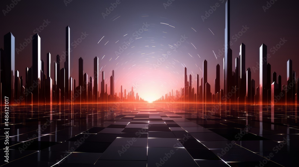 Poster cityscape with a large building in the foreground and a sunset in the background. the cityscape is i