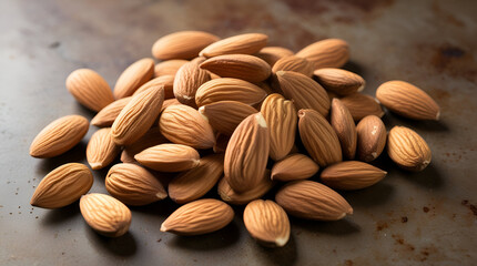 Obraz premium Unroasted almond nuts piled together in a rustic setting, perfect for healthy food or organic product themes.