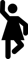 Black pictogram of a woman with one leg bent and arm up waving
