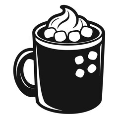 Monochrome Mug Illustration, Creamy Topping, Marshmallows, Black Cup, Food Design