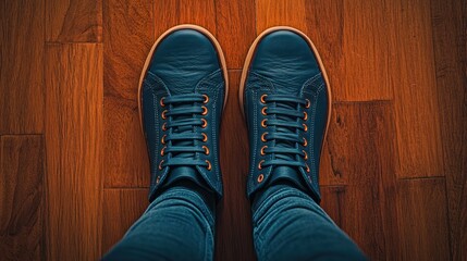 Stylish navy blue leather sneakers on wooden floor
