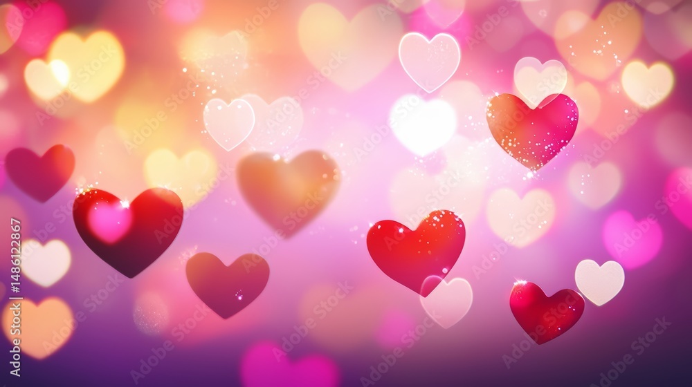 Fototapete Colorful background with many hearts in different sizes and colors. The background is purple and pink. The hearts are scattered all over the background, some are closer to the foreground