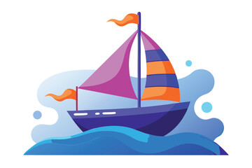 A delightful blue sailboat with colorful sails journeys across wavy seas under sunny skies