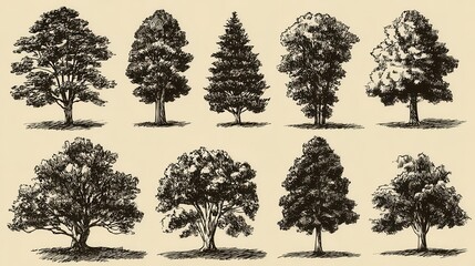 Fototapeta premium Vintage line drawing collection of various tree types.