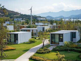 Modern, eco-friendly, container homes nestled in a landscaped park