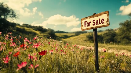 Land for sale sign in a field of flowers.