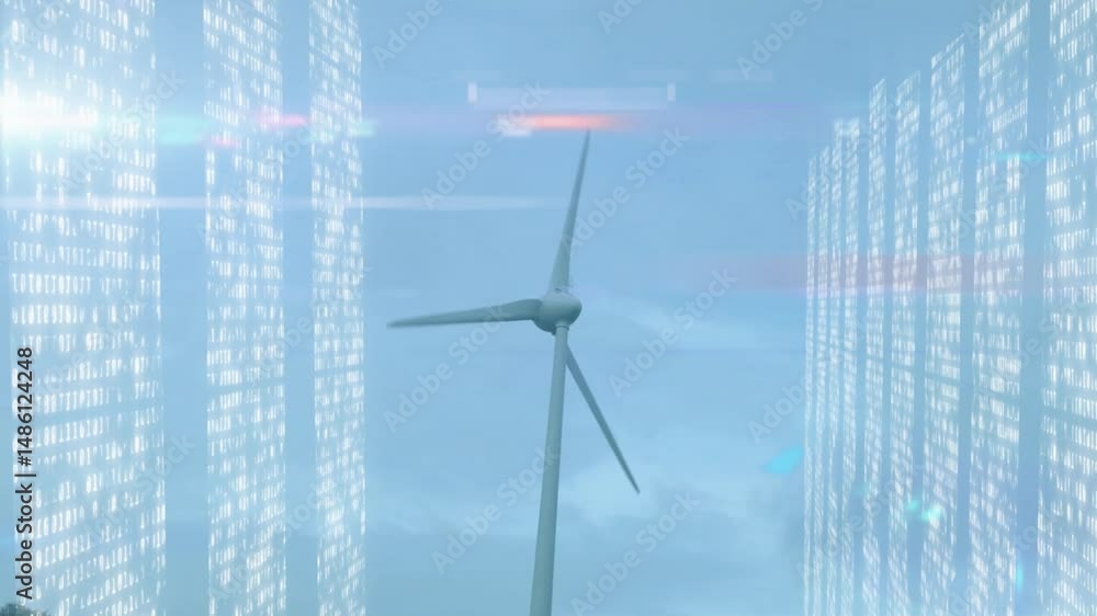 Poster three-bladed wind turbine tower spinning in sky, displaying translucent panels with binary code