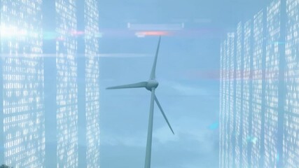 Three-bladed wind turbine tower spinning in sky, displaying translucent panels with binary code - Powered by Adobe