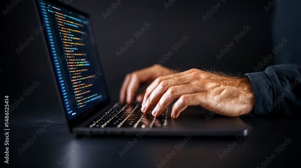 Poster hands are typing code on a laptop keyboard, as visible on the screen in a dimly lit environment.