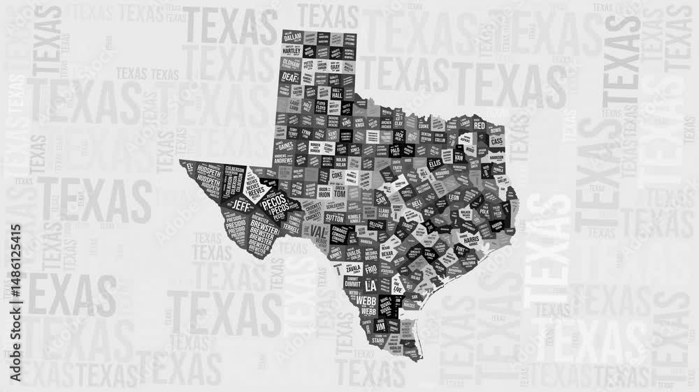Poster texas animation. visual effect of texas counties appearing in black and white word clouds style. sta