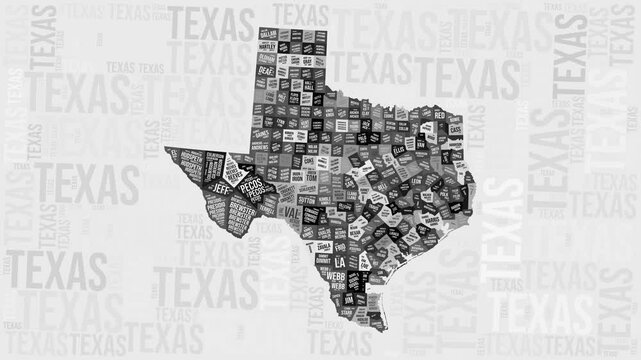 Texas animation. Visual effect of Texas counties appearing in black and white word clouds style. State intro video. Trending animated motion graphics.