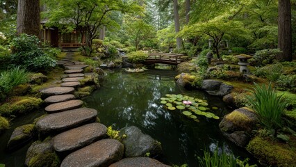 Obraz premium Idyllic Zen Garden Featuring Water and Greenery