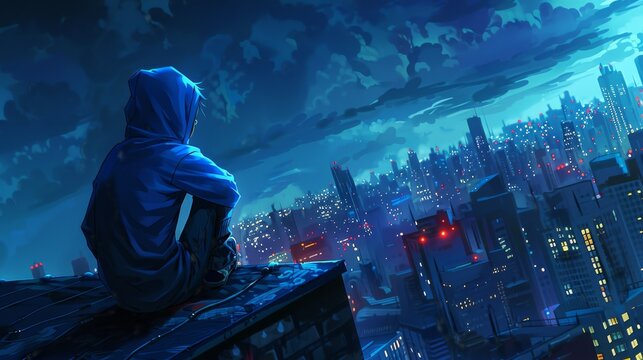 A lone, barefoot person in a hoodie sits contemplatively on a high-rise city ledge at night, overlooking a vast, detailed metropolis. Introspective urban solitude art.