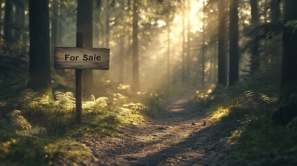 Forest land for sale sign on a trail