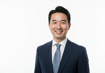 A man in a suit and tie smiles against a plain, bright, solid backdrop