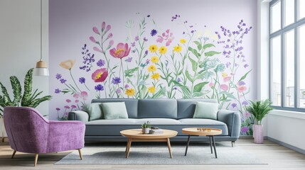 Colorful floral mural in a modern living room.