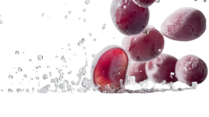 Close up of frozen red grapes falling into splashing water against a black studio background shot