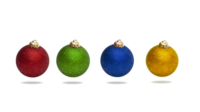 Set of shiny red, green, blue, yellow Christmas balls isolated on white background