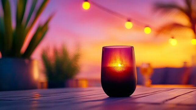 Illuminated candle sits on a wooden table during a vivid sunset under string lights.