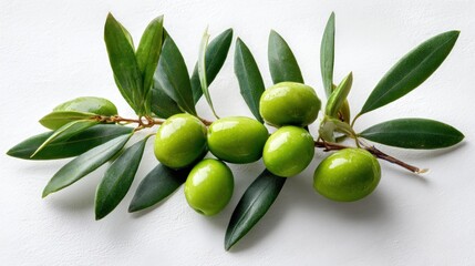 Fresh green olives on a branch with leaves