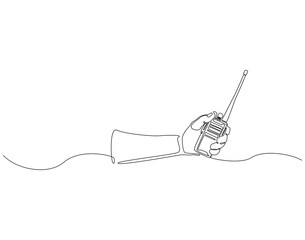 Continuous one line drawing of hand holding walkie talkie. One line drawing illustration of walkie talkie hold by hand. World telecommunication day concept single line. Editable outline
