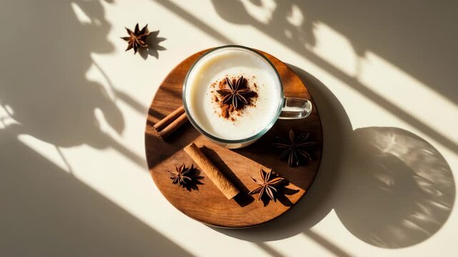Classic masala chai latte presented in a glass cup. A warm drink with milk, spices, and herbs on a wooden background casting a pronounced shadow. Bird's-eye view with room for text.