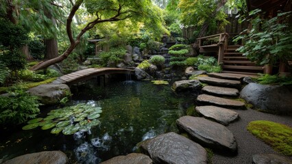 Naklejka premium Tranquility in a Garden Pond with Water Lilies
