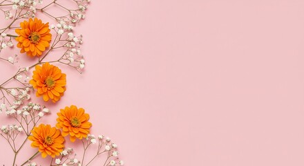 Obraz premium Elegant Orange Flowers and White Baby's Breath on Pink Background