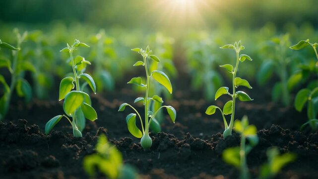 Rows of thriving young pea plant sprouts basking in a field.