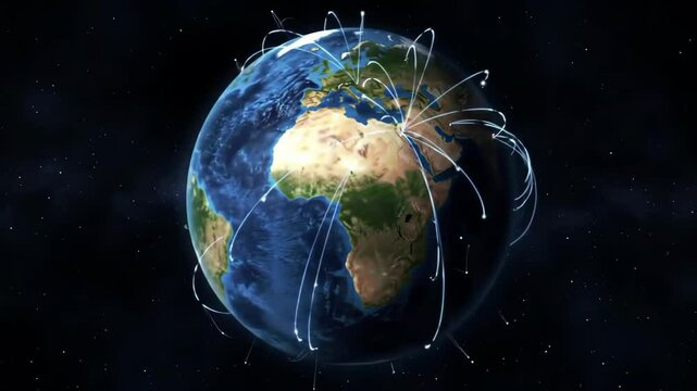 3D graphic rendering of Earth with glowing lines representing global network communication and data transfer. Represents technology internet connectivity and international business. Ideal for tech